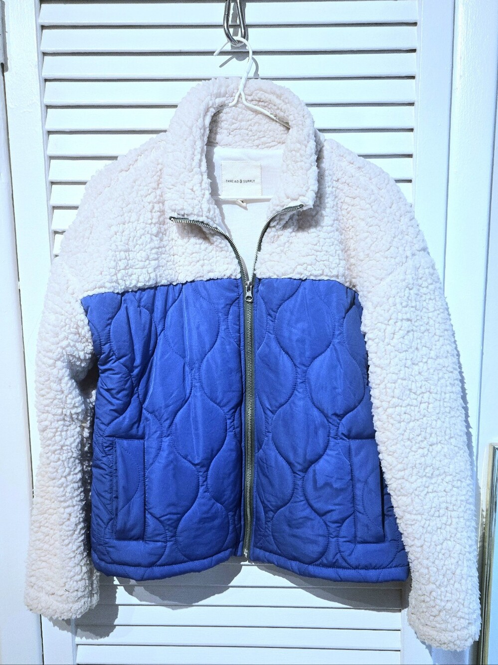 Thread & Supply Two-Tone Sherpa Jacket in Blue and Cream